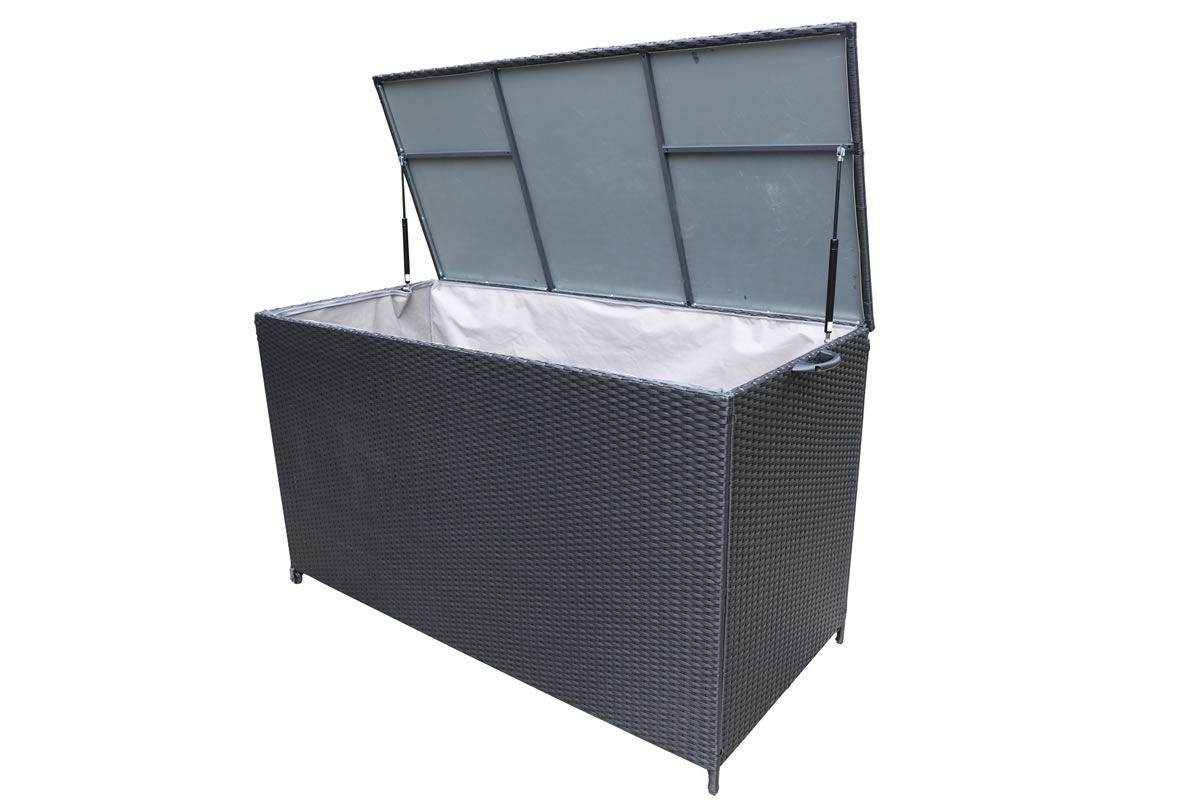View Black Synthetic Rattan Cushion Storage Box Water Proof Zipped Lining Gas Lift Top Aluminium Steel Frame Berlin information