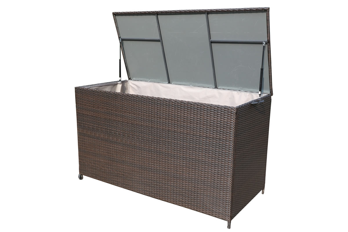 View Brown Synthetic Rattan Cushion Storage Box Water Proof Zipped Lining Gas Lift Top Aluminium Steel Frame Berlin information