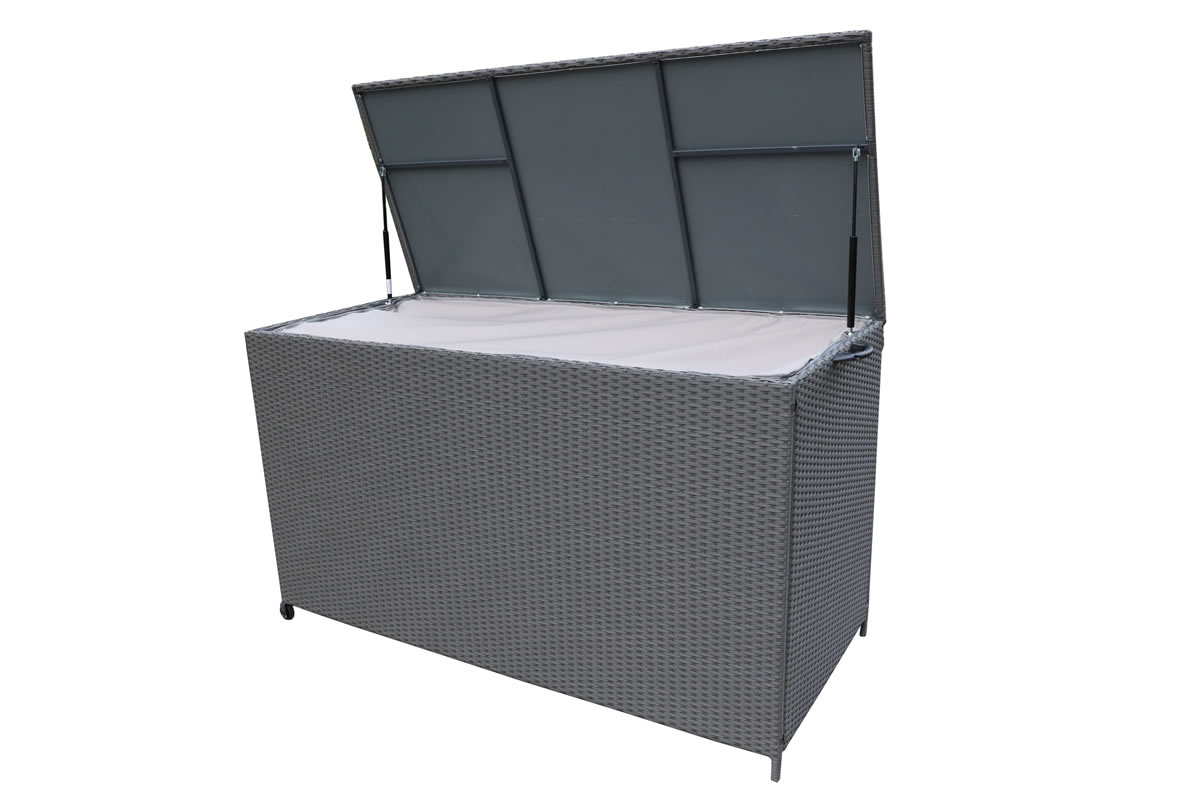 View Grey Synthetic Rattan Cushion Storage Box Water Proof Zipped Lining Gas Lift Top Aluminium Steel Frame Berlin information