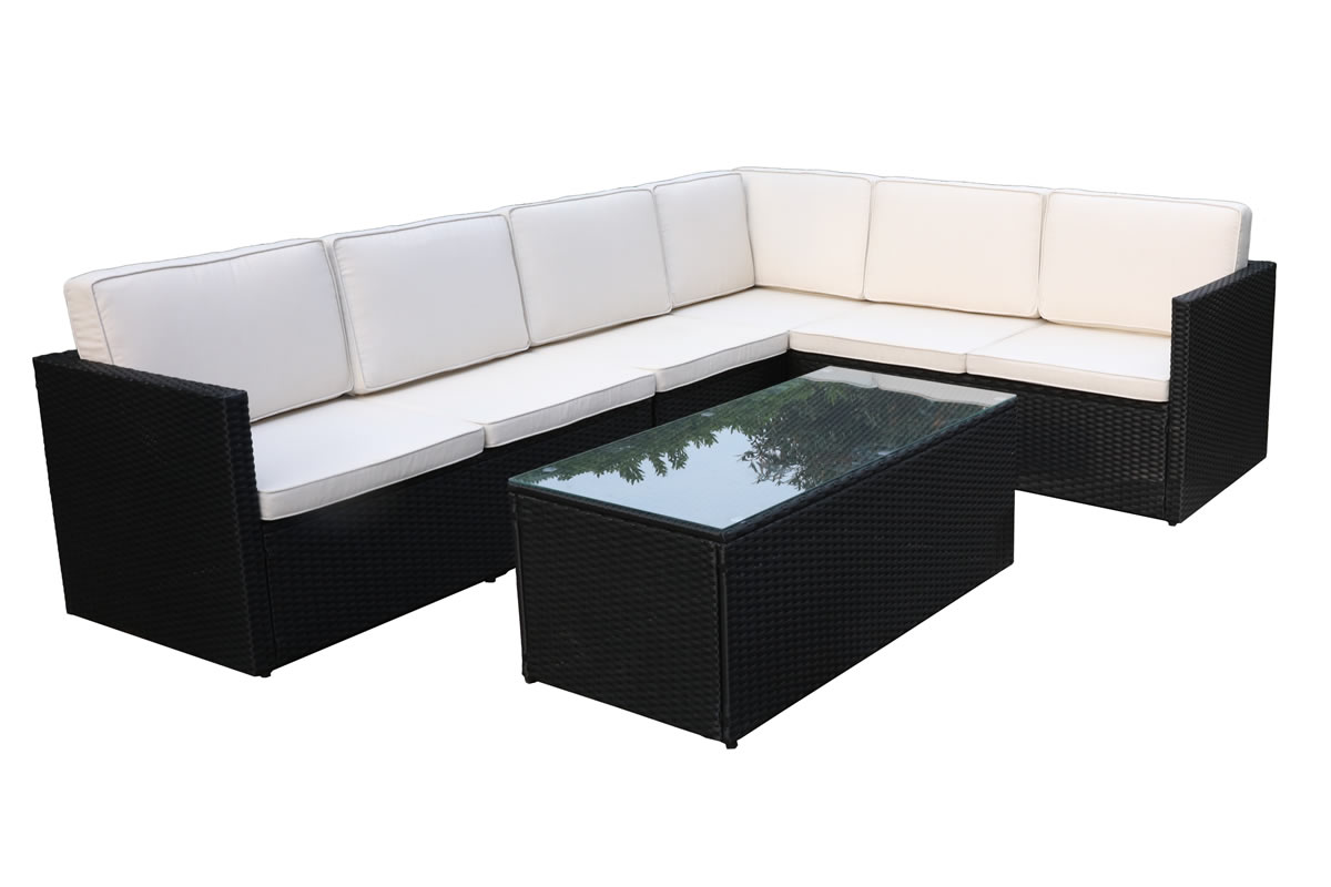 View Black 6 Seater Synthetic Rattan Garden Lounging Set 2 3 Seater Sofa Glass Top Coffee Table Cream Waterproof Cushions Steel Frame Berlin information