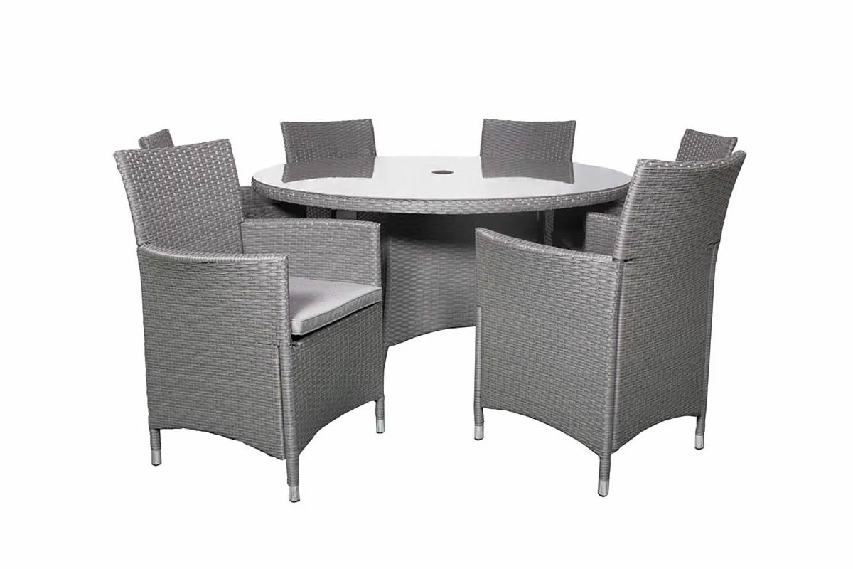 View Grey Synthetic Rattan 6 Seater Patio Dining Set 6 High Back Stacking Chairs Grey Seat Cushions Round Table With Glass Top Cannes information