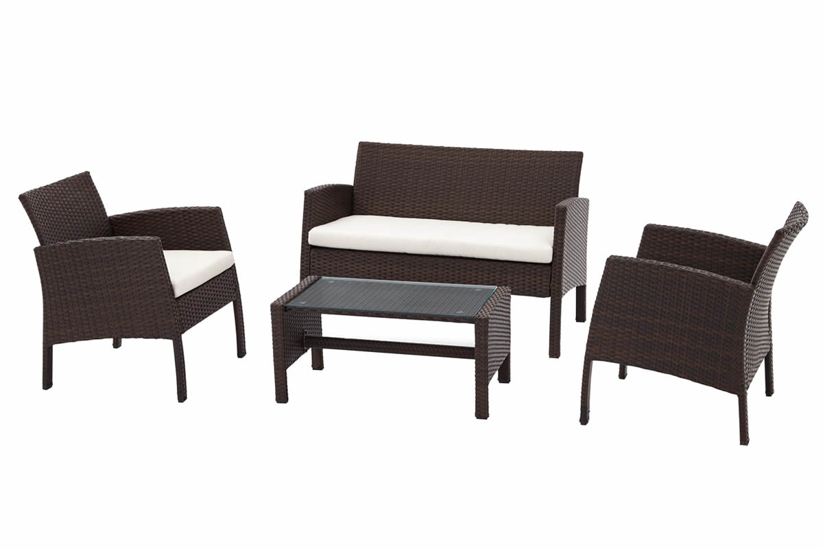 View Nevada Brown Rattan Outdoor Garden Sofa Set Consists of Two Seater Two Chairs One Stool Coffe Table Padded Seat Cushions Included Inset Glass Top information