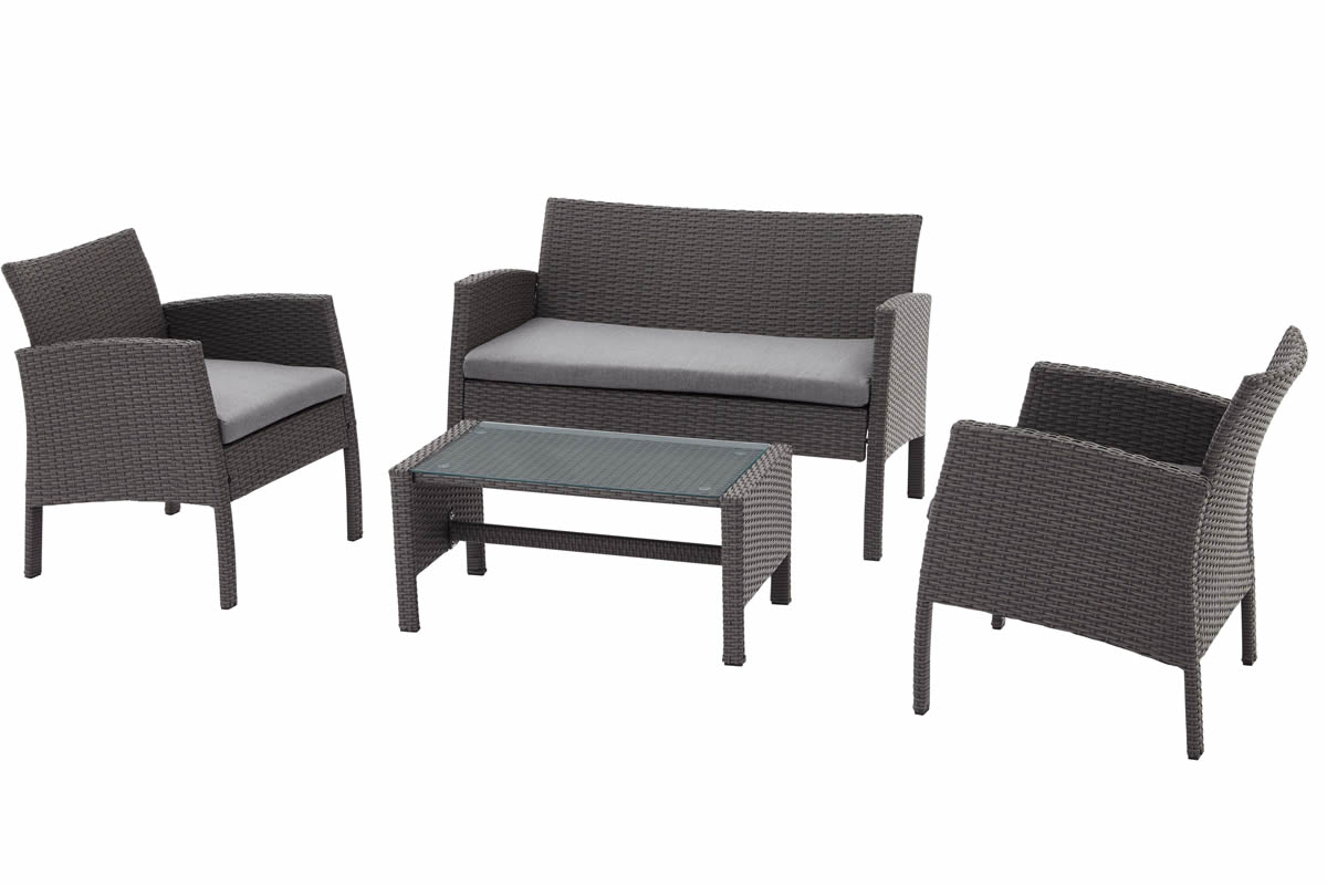 View Nevada Grey Rattan Outdoor Garden Sofa Set Consists of Two Seater Two Chairs One Stool Coffe Table Padded Seat Cushions Included Inset Glass Top information