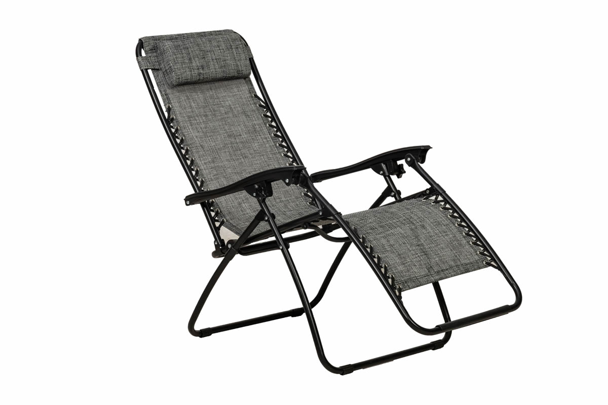 View Grey Zero Gravity Relaxer Sun Lounger Black Steel Folding Frame Blue Water Resistant All Weather Fabric Padded Head Cushion Folds For Storage information