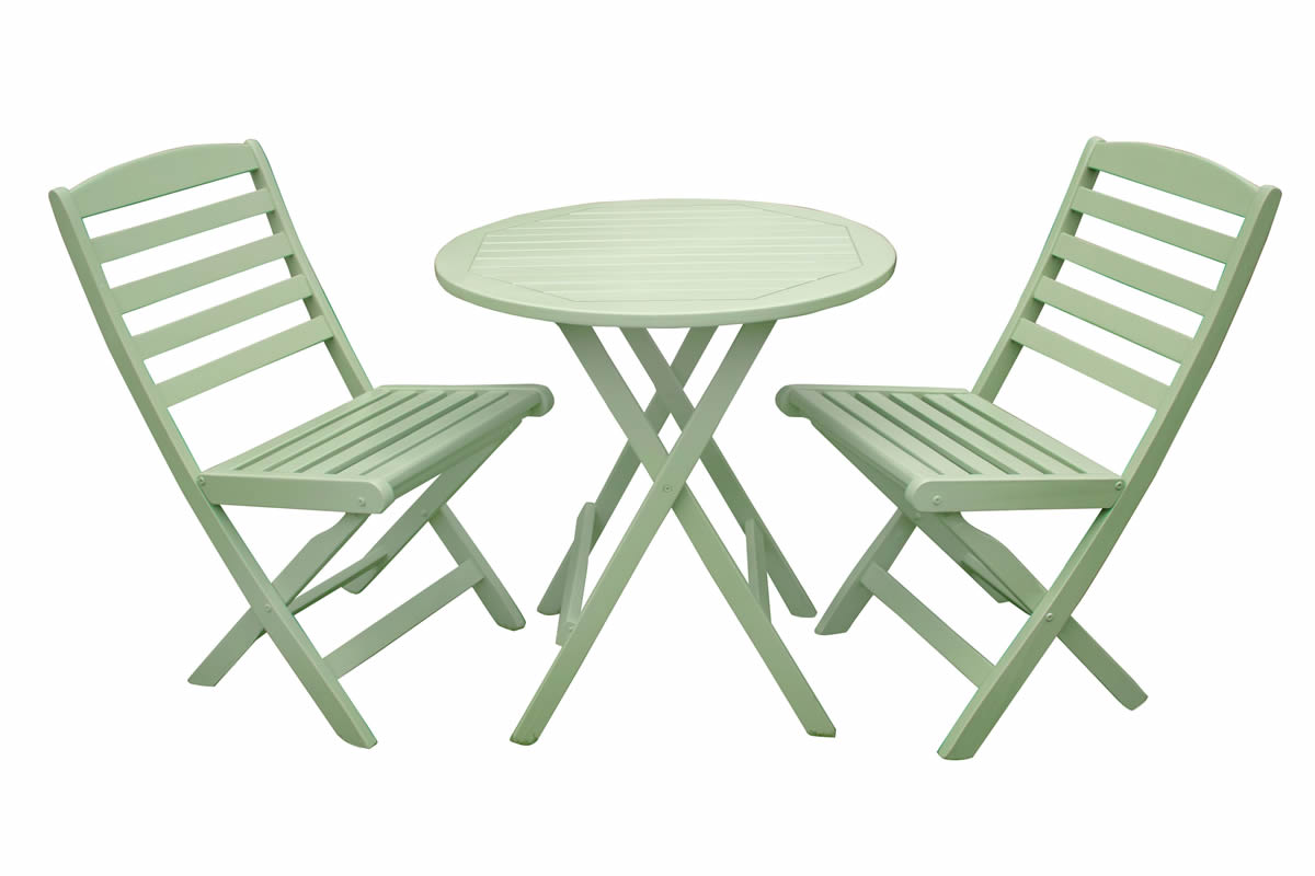 View Porto 2 Seater Wooden Green Folding Outdoor Garden Bistro Set Acacia Hardwood Painted Frame Folding 70cm Diameter Table Slatted Folding Chairs information