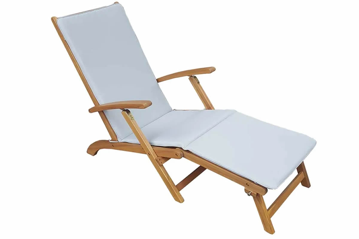 View Wooden Folding Reclining Garden Steamer Chair Grey Padded Cushion Eucalyptus Hardwood H112cm W59cm D77cm Henley information