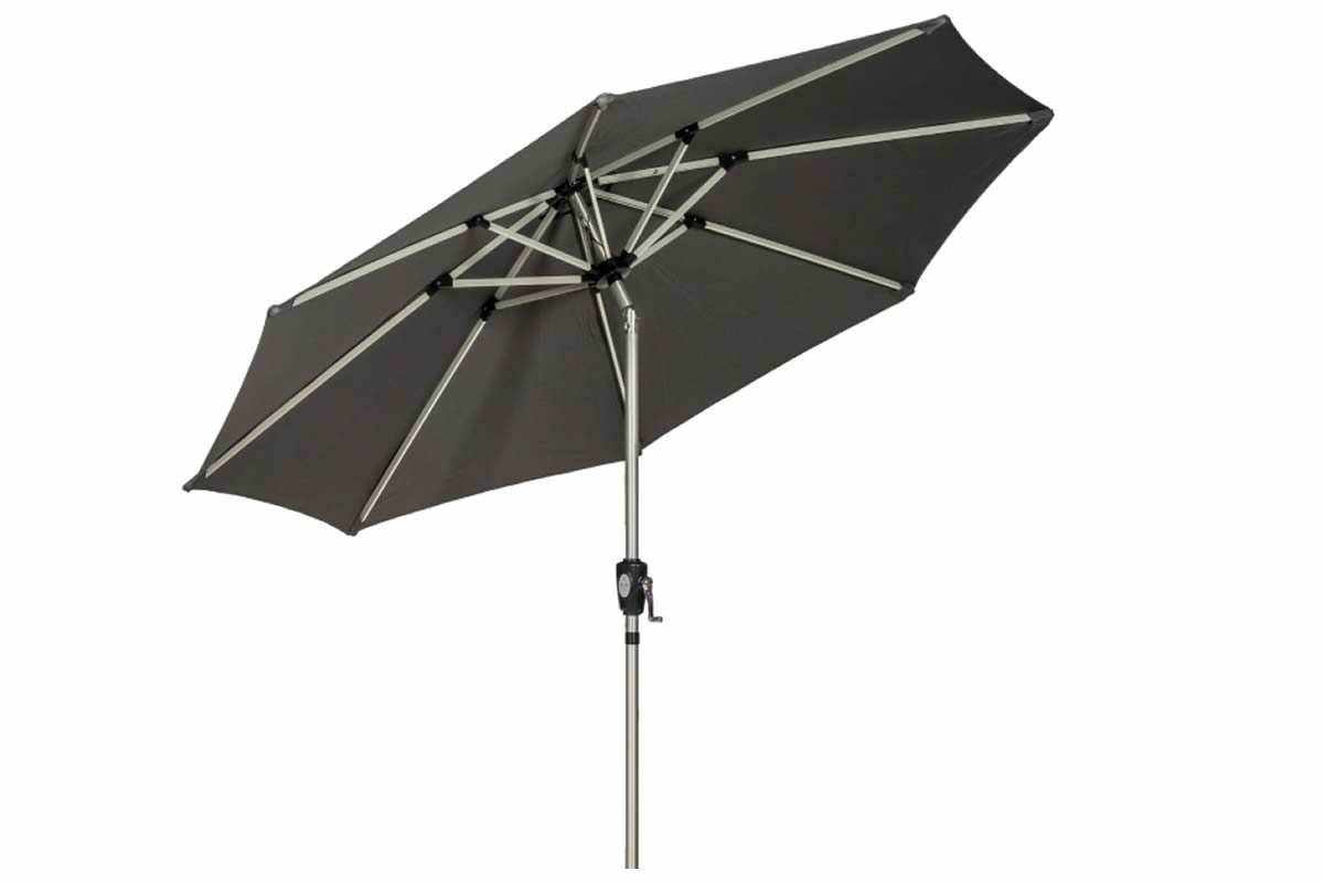View Grey 27 Meter Fabric Free Standing Parasol With Integrated LED Strip Lights Crank Tilt System 38mm Aluminium Pole Solar Panel Top information