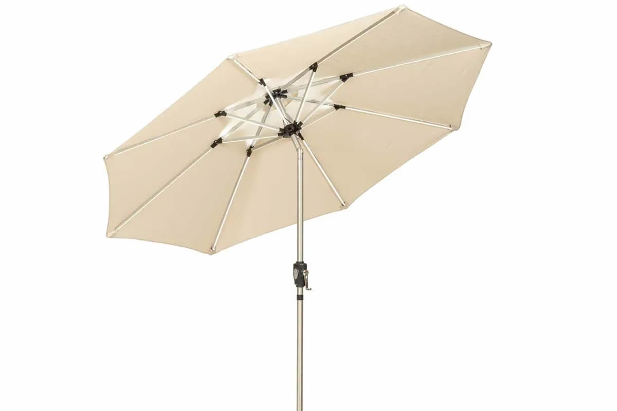 View Ivory 27 Meter Fabric Free Standing Parasol With Integrated LED Strip Lights Crank Tilt System 38mm Aluminium Pole Solar Panel Top information