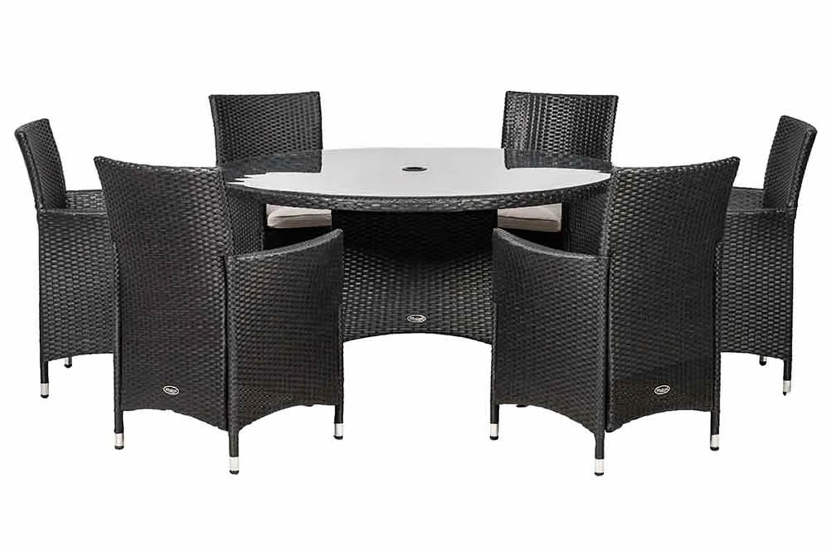 View Black Synthetic Rattan 6 Seater Patio Dining Set 6 High Back Stacking Chairs Cream Seat Cushions Round Table With Glass Top Cannes information