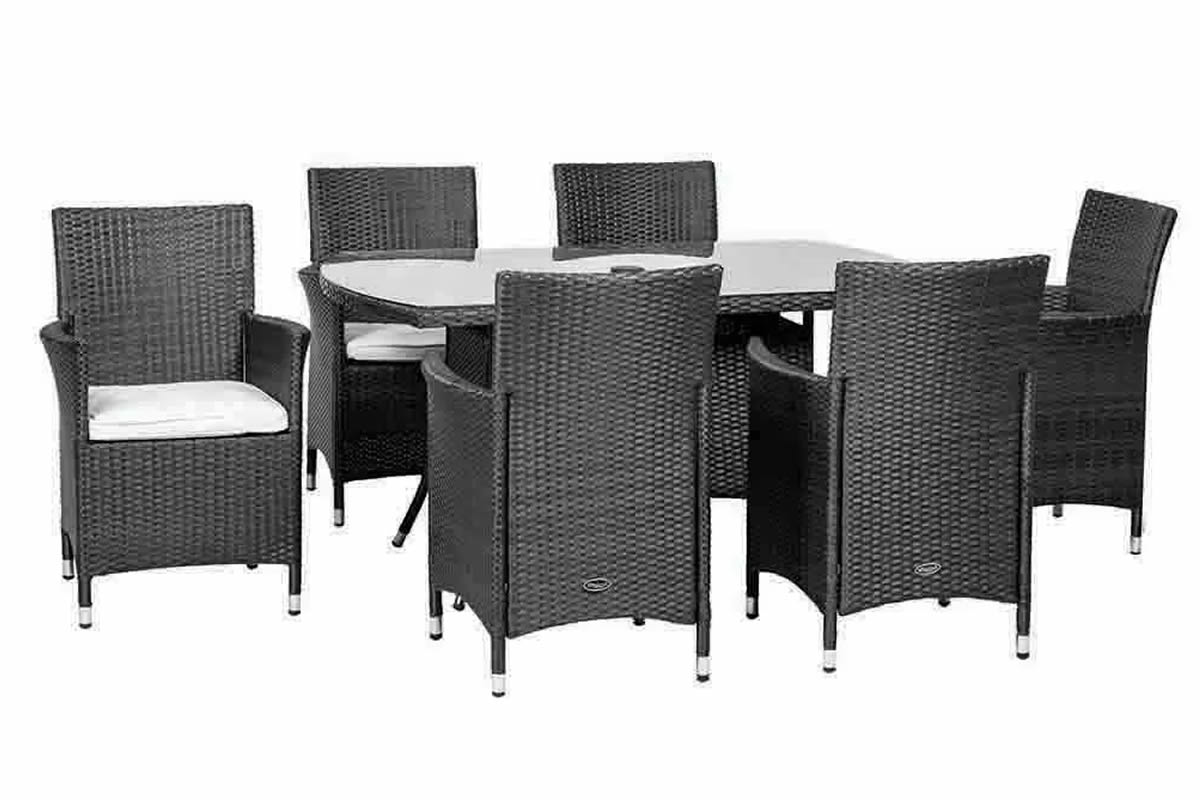 View Black Synthetic Rattan Garden Dining Set 6 Stacking Carver Chairs Cream Seat Cushions Rectangular Glass Top Table Steel Frame Cannes information