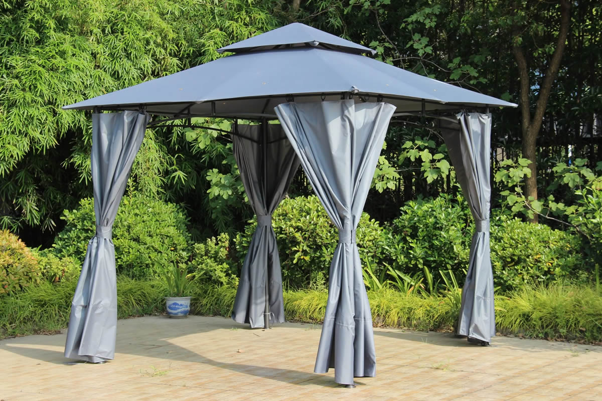 View Grey PA Coated Fabric Gazebo With Pitched Roof Raised Air Vents Zipped Side Curtains Steel Metal Frame 275m x 275m Cambridge information