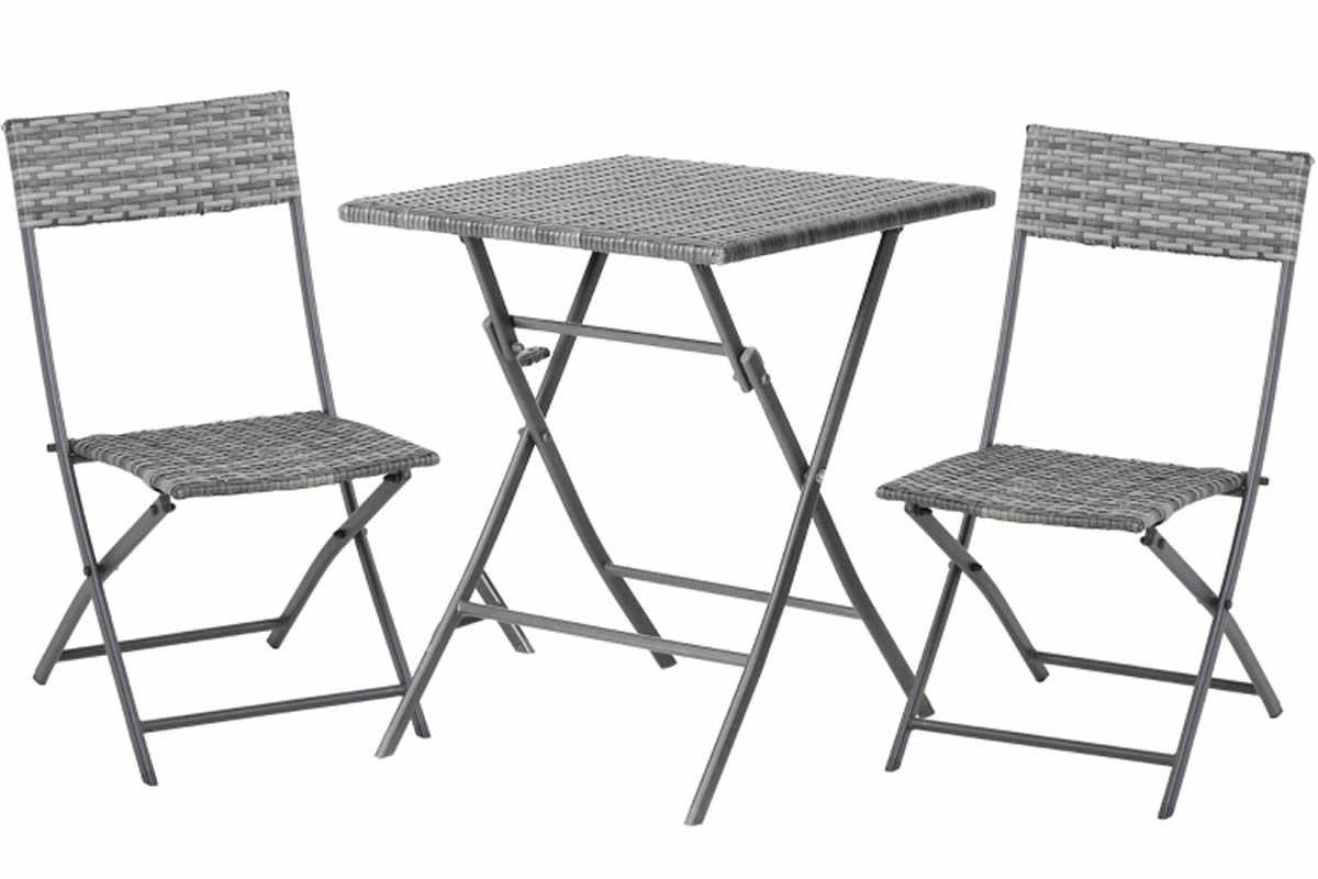 View Grey Synthetic Rattan 2 Seater Folding Bistro Set 1 x Rattan Table 2 Chairs Powder Coated Metal Frame Non Sleep Feet Brocton information