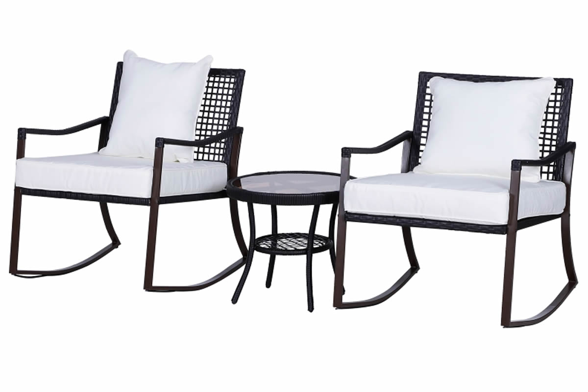 View Brown Synthetic Rattan 2 Seater Garden Bistro Set 2 Rocking Chairs Coffee Table With Glass Top Cream Padded Cushions Steel Frame Bodway information