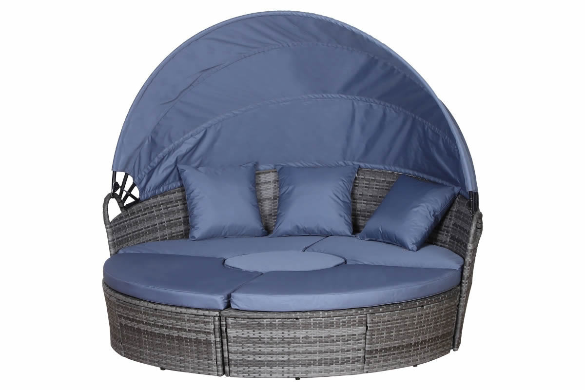 View Grey 6 Seater Synthetic Rattan Round Sofa Bed Modular Set Blue Retractable Overhead Canopy Cushions Powder Coated Steel Frame Belper information