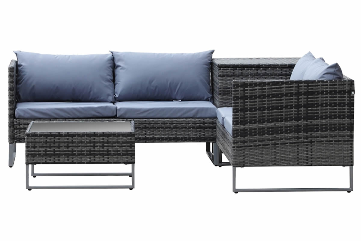 View Grey Rattan 4 Seater Garden Sofa Set 2 Two Seater Sofas Square Table With Glass Top Tall Storage Trunk Mid Blue Waterproof Cushions Atlow information
