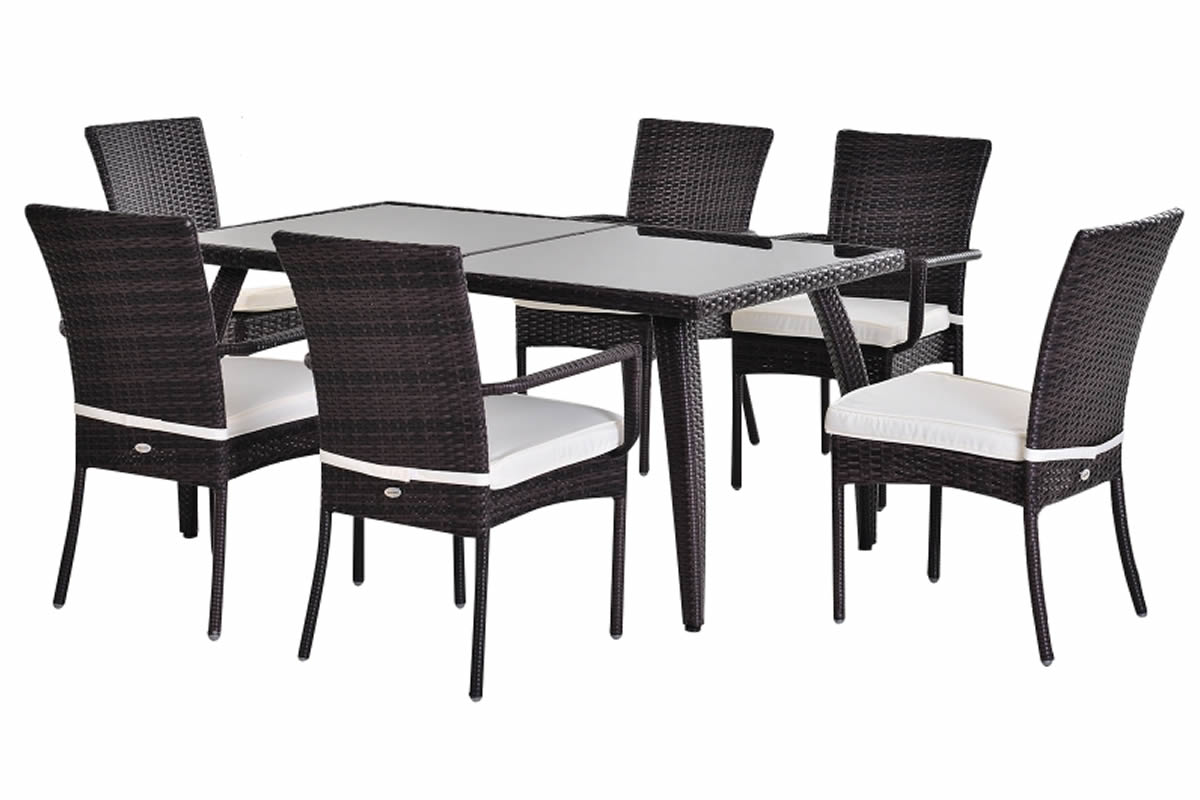 View Rufford Brown Synthetic Rattan 6 Seater Outdoor Garden Dining Set 2 Carver 4 Highback Chairs Deep Padded Seat Cushions Glass Table Top information