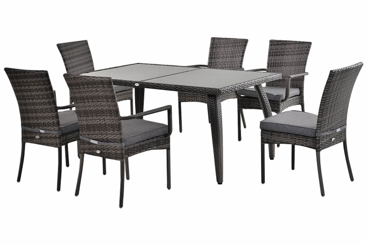 View Rufford Grey Synthetic Rattan 6 Seater Outdoor Garden Dining Set 2 Carver 4 Highback Chairs Deep Padded Seat Cushions Glass Table Top information