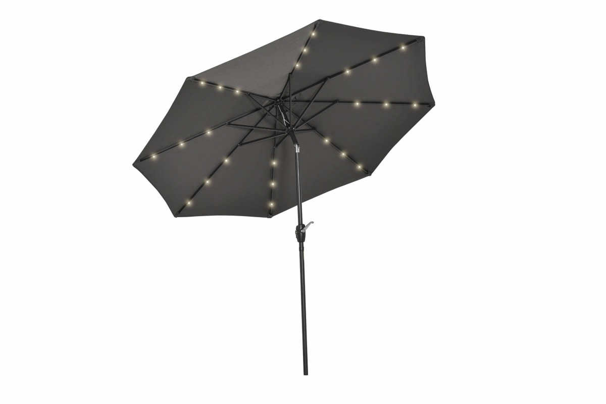 View Grey Fabric Garden Parasol Umbrella With 24 PreInstalled 4 Colour LED Lights Crank Tilt System 38mm Aluminium Pole 8 Ribs Loko information