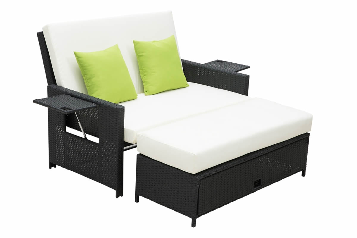 View Beauport Black Outdoor Rattan 2Seater Day Bed With Green Cushions Adjustable Backrest BuiltIn Retractable Side Tables Footstool With Storage information