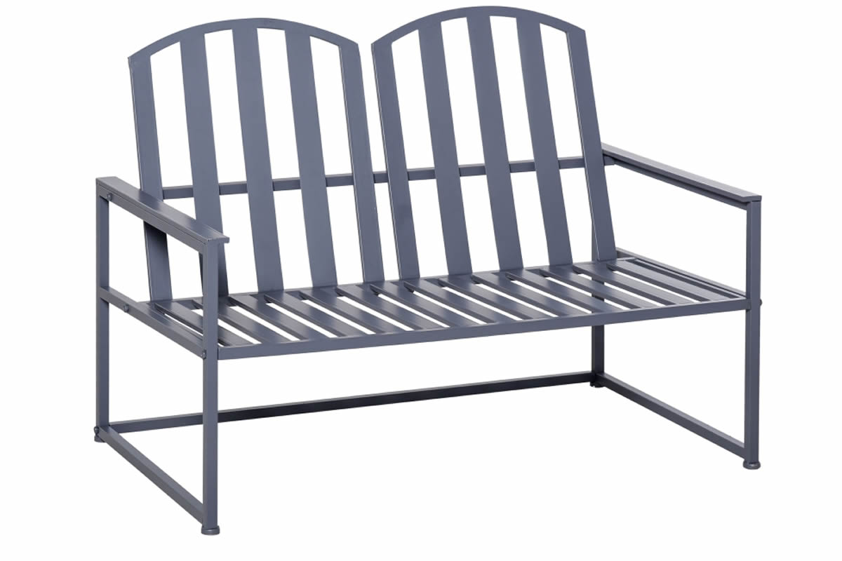 View Grey Painted Metal 2 Seater Garden Bench Square Design With Slatted Seat Arched Backrest Armrest On Both Sides Robust Steel Frame Bexton information