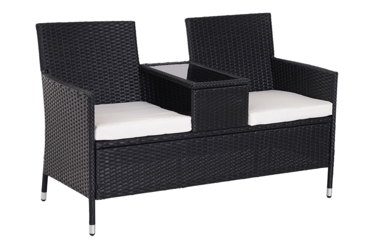 View Black Synthetic Rattan Fixed Companion Set 2 x Fixed Highback Chairs Armrest Glass Top Table Padded Seat Cushions Steel Frame Butterton information