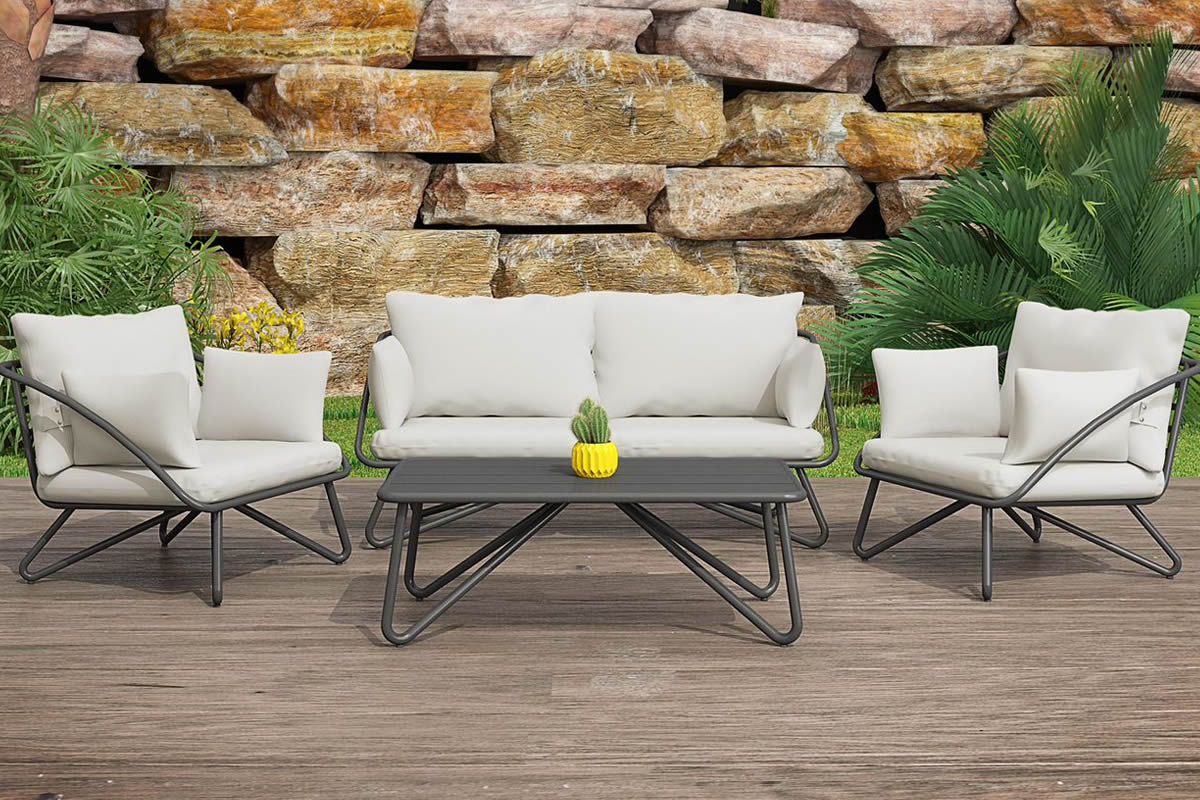 View Teddi Metal Outdoor Metal Framed Sofa Set Consists Of 2 Seater 2 Chairs Coffee Table Deeply Padded Water Resistant Seat Back Cushions information