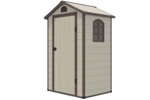 Beige Outdoor Storage Shed with Lockable Door Window and Air Vents