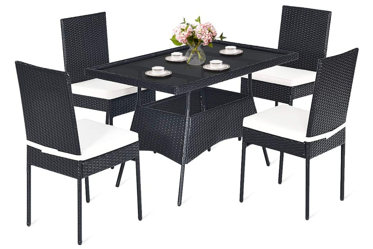 View 5Piece Black Outdoor Patio Rattan Dining Set with Tempered Glass Top and White Seat Cushions With Removable Covers Heavy Duty Steel Frame information