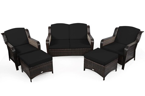 Black 4-Seater Rattan Garden Set Includes Stools