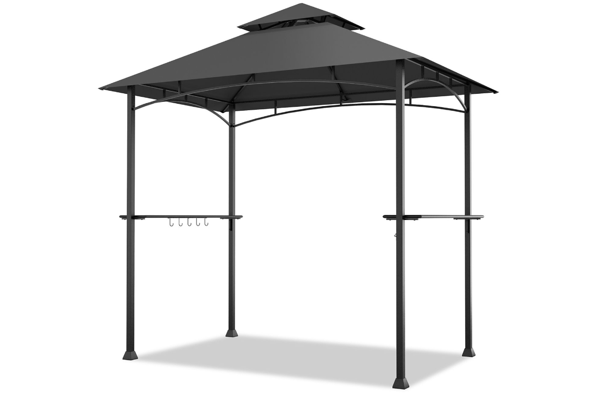 View Grey Outdoor BBQ Grill Gazebo DoubleTier Vented Top Allows Smoke To Filter Out Steel PowderCoated Frame Side Hooks To Attach Cooking Tools information
