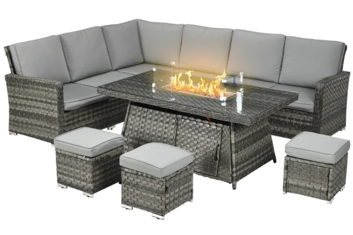 View Grey Rattan Outdoor Double Corner Sofa Set Double Corner Sofa 3 Footstools With Cushions Large Gas Fire Pit Table With Tempered Glass Top information