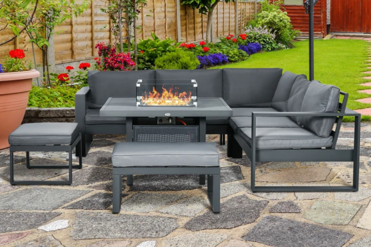 Outdoor Garden Aluminum Corner Sofa Set With Fire Pit Table