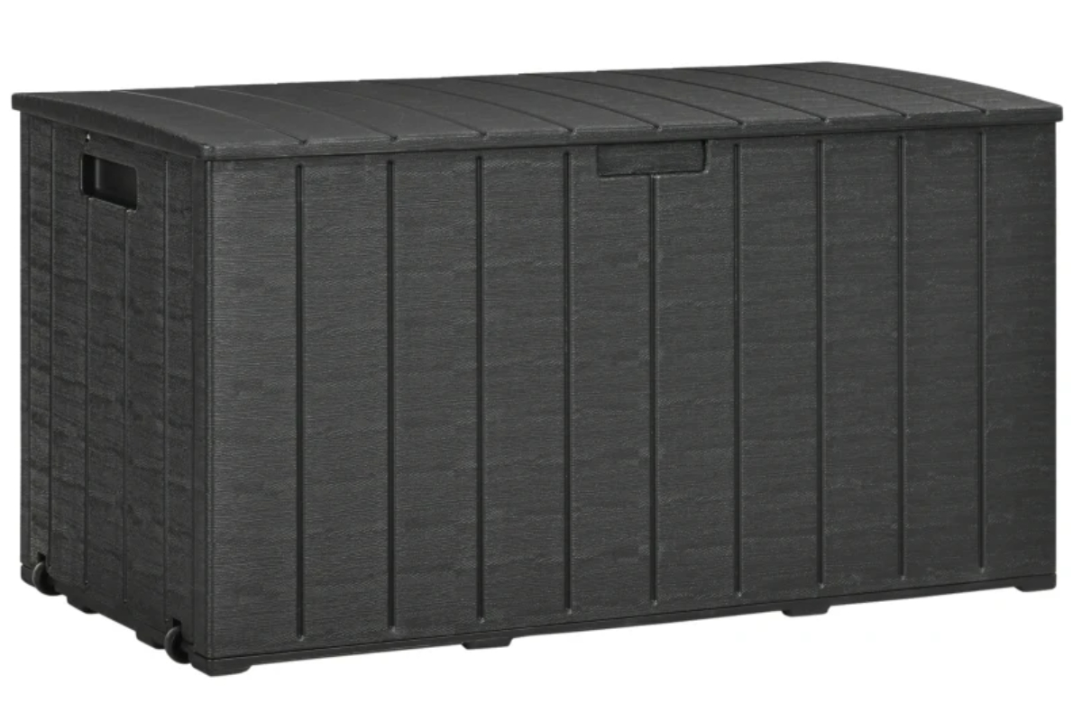 View 336L Black Outdoor Storage Box With Wheels Handles Heavy Duty Double Wall Construction Waterproof Surface Minimal Assembly Required information