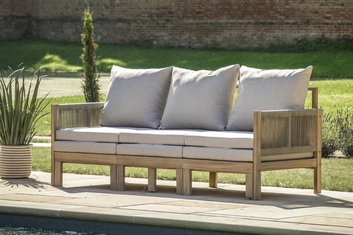 View Paros Outdoor Garden Patio Wooden PullOut Sofa Lounger Bed With Rope Design Acacia Wooden Frame Double Stacked Deeply Padded Cushions information
