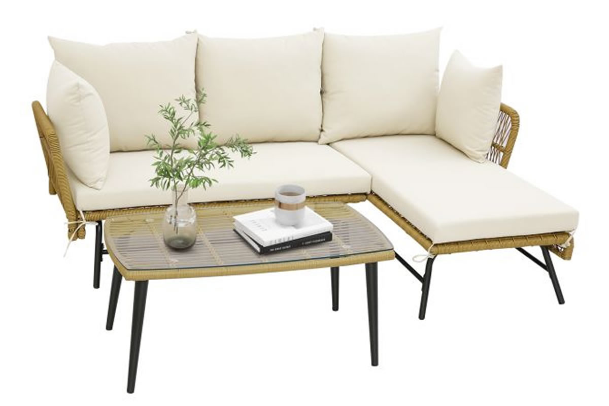 View Belmarsh White Outdoor Woven Rattan Patio Set Includes Loveseat Lounger Coffee Table Forming A 3piece Lshaped Sofa Set With An Inclined Backrest information